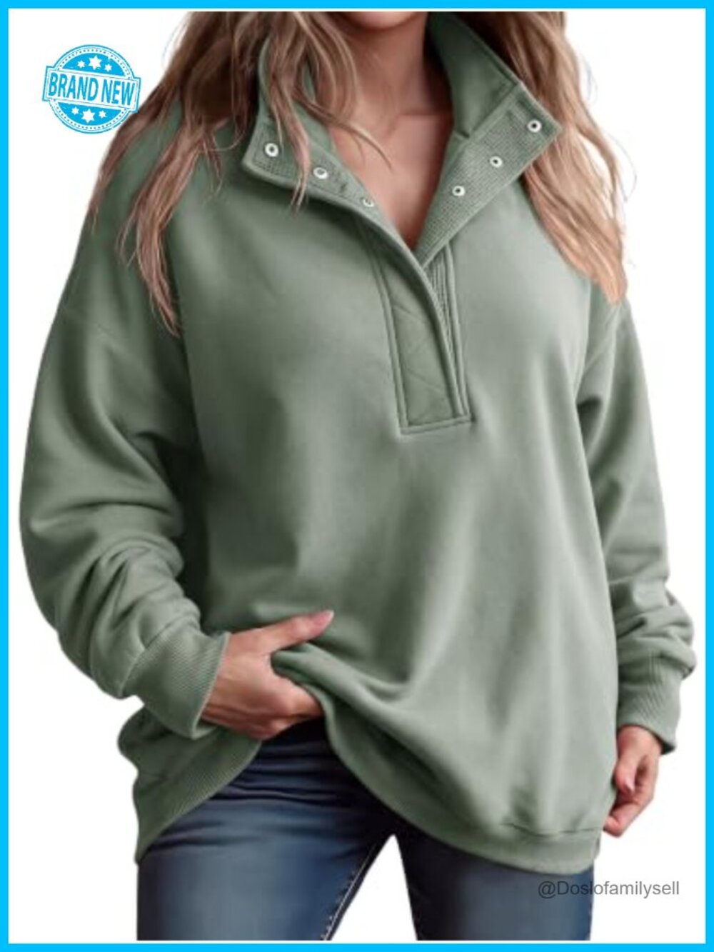 Plus Size Fleece Henley Neck Oversized Sweatshirt Pullover Snap Button Drop